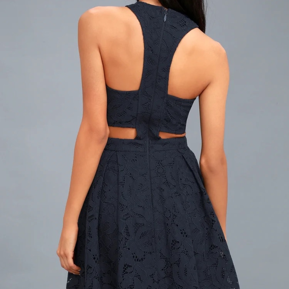 Lulus Navy Blue Daisy Date Lace Skater Dress